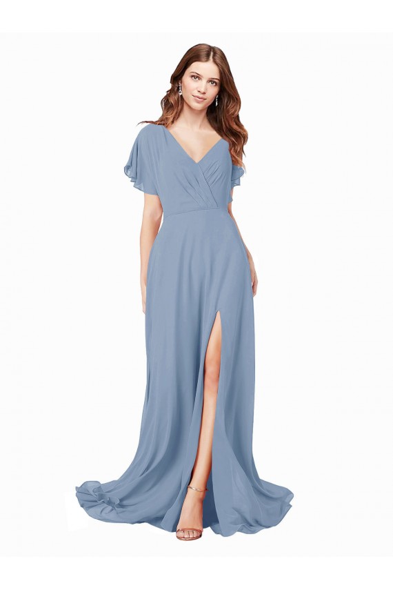 Cap Sleeves V-Neck Soft Chiffon Dusty Blue Long Black Tie Prom Dress / Bridesmaid Dress Adelaide