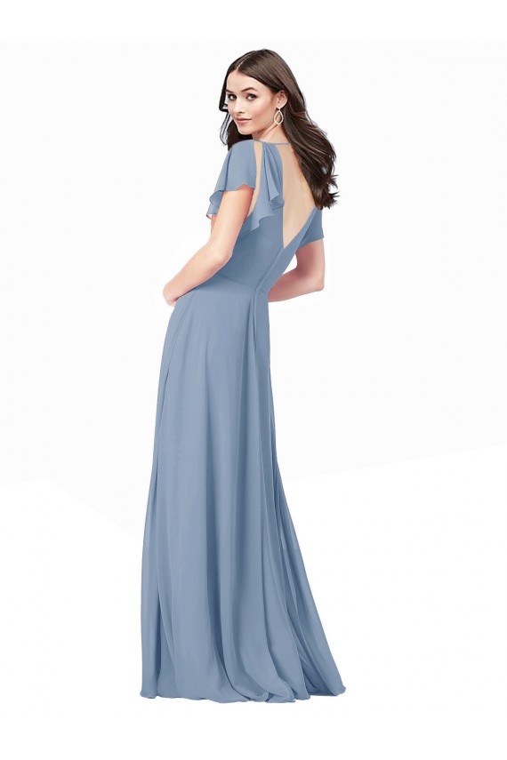 Cap Sleeves V-Neck Soft Chiffon Dusty Blue Long Black Tie Prom Dress / Bridesmaid Dress Adelaide