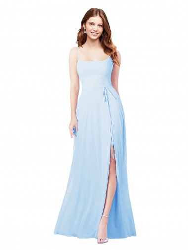Sleeveless Square Neck Soft Chiffon Light Sky Blue Sheath Long Bridesmaid Dress Adelaide
