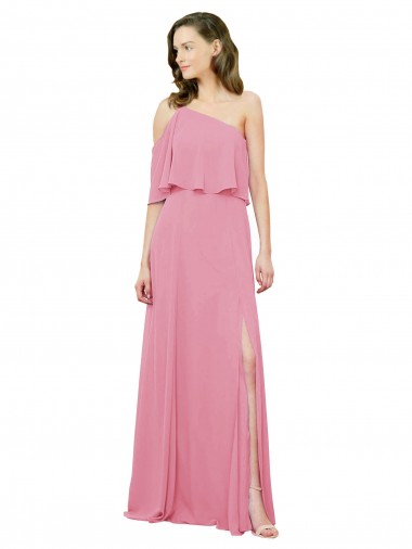 Sleeveless One Shoulder Soft Chiffon Skin Pink Long Bridal Party Dress Adelaide