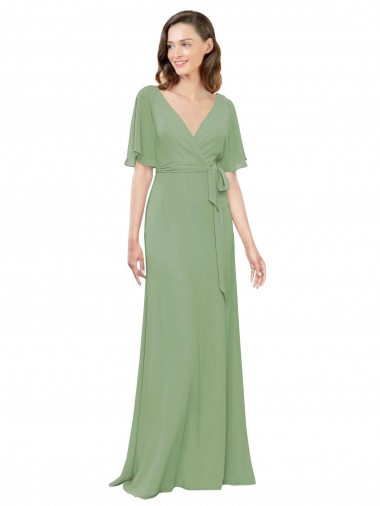 Short Flutter Sleeves V-Neck Soft Chiffon Seagrass Long Bridesmaid Dress Adelaide