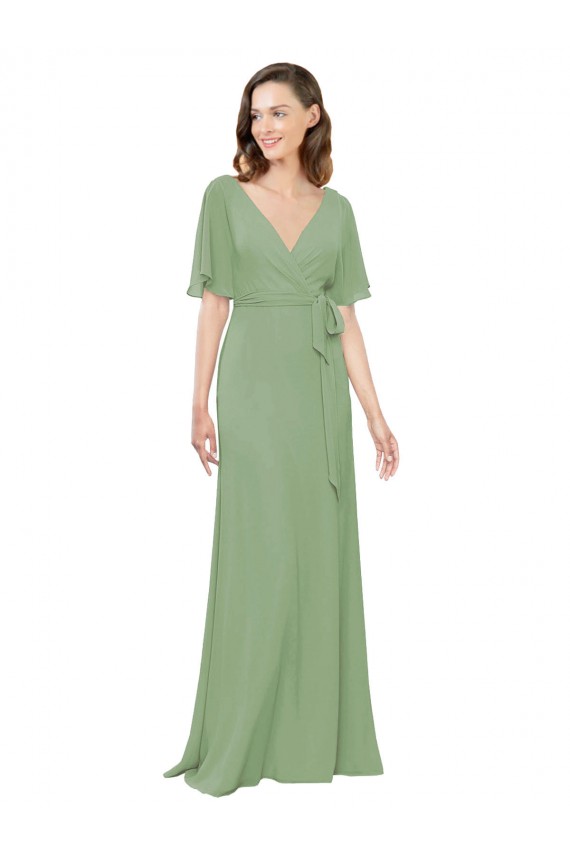 Short Flutter Sleeves V-Neck Soft Chiffon Seagrass Long Bridesmaid Dress Adelaide