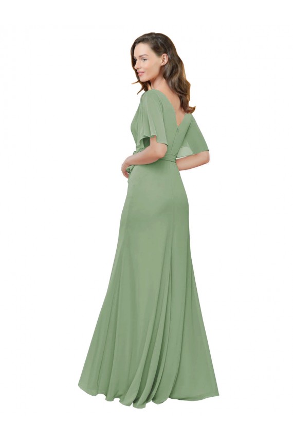 Short Flutter Sleeves V-Neck Soft Chiffon Seagrass Long Bridesmaid Dress Adelaide