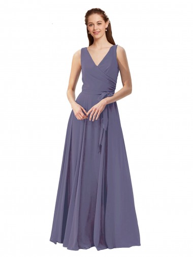 Sleeveless V-Neck Soft Chiffon Silver Stone Long Bridesmaid Dress Adelaide