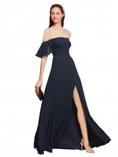 Sleeveless Off the Shoulder Soft Chiffon Dark Navy Long Prom Dress / Bridesmaid Dress Adelaide