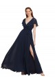 Cap Sleeves V-Neck Chiffon Dark Navy Long Evening Gowns / Bridesmaid Dresses Adelaide