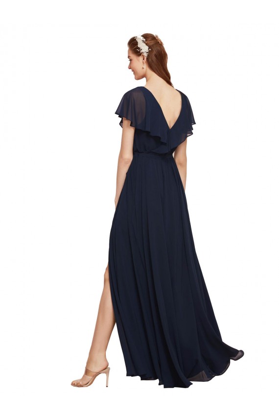 Cap Sleeves V-Neck Chiffon Dark Navy Long Evening Gowns / Bridesmaid Dresses Adelaide