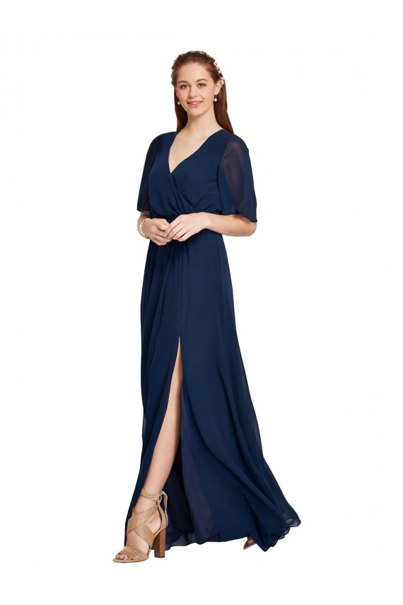 Flutter Sleeves V-Neck Soft Chiffon Dark Navy Long Bridesmaid Dress / Formal Dress Adelaide