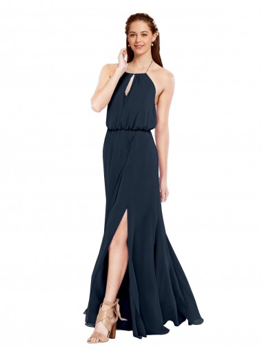 Sleeveless Halter Neck Chiffon Dark Navy Long Bridesmaid Dress / Evening Dress Adelaide