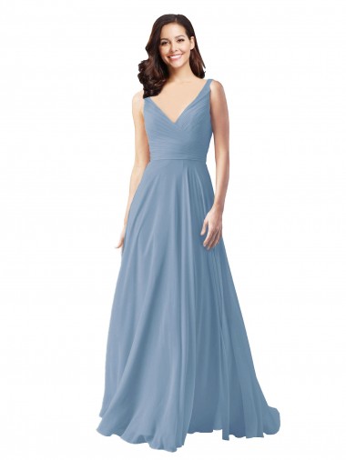 Sleeveless V-Neck Chiffon Dusty Blue Long Wedding Party Dress Adelaide