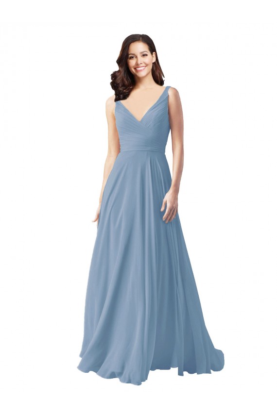 Sleeveless V-Neck Chiffon Dusty Blue Long Wedding Party Dress Adelaide