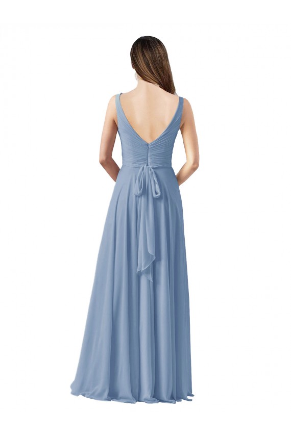 Sleeveless V-Neck Chiffon Dusty Blue Long Wedding Party Dress Adelaide