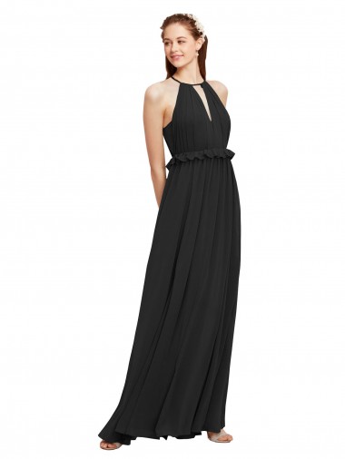 Sleeveless Halter Neck Soft Chiffon Black Long Bridesmaid Dress Adelaide