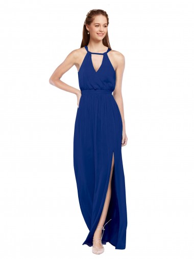 Sleeveless High Neck Soft Chiffon Royal Blue A-Line Long Bridesmaid Dress Adelaide