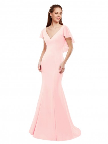 Flutter Sleeves V-Neck Soft Chiffon Pink Long Bridesmaid Dress Adelaide