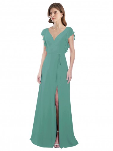 Cap Sleeves V-Neck Soft Chiffon Icelandic Silver Long Formal Dress / Bridesmaid Dress Adelaide