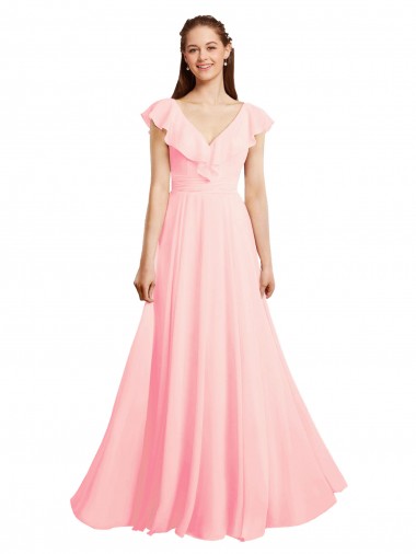 Cap Sleeves V-Neck Chiffon Pink Long Bridesmaid Dress / Evening Gowns Adelaide