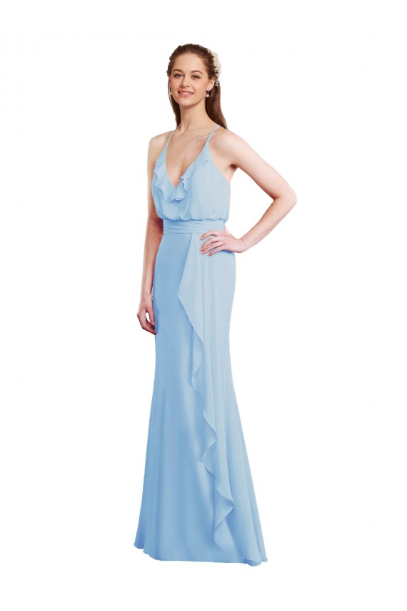 Sleeveless V-Neck Soft Chiffon Light Sky Blue Long Bridesmaid Dress Adelaide