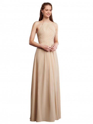 Sleeveless Halter Neck Soft Chiffon Champagne Long Bridesmaid Dress Adelaide