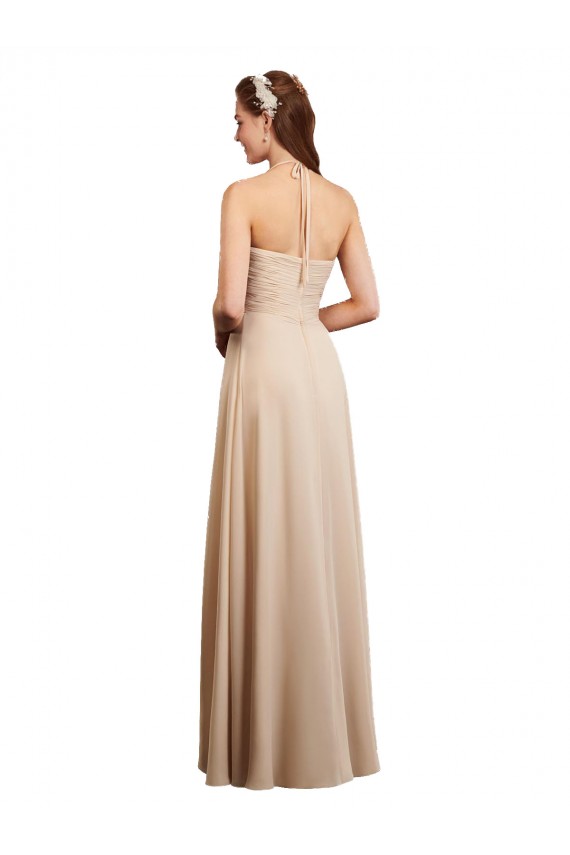Sleeveless Halter Neck Soft Chiffon Champagne Long Bridesmaid Dress Adelaide
