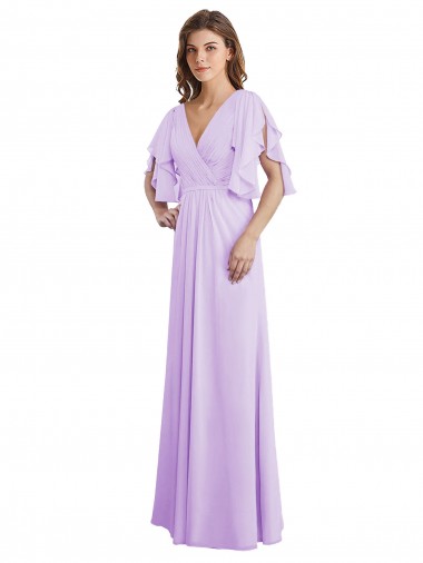 Split Sleeves V-Neck Soft Chiffon Lilac Long Bridesmaid Dress Adelaide