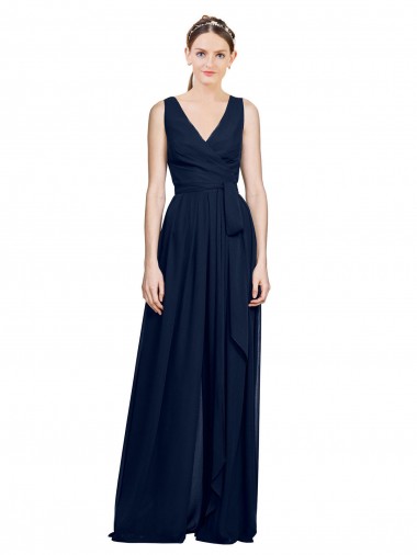 Sleeveless V-Neck Chiffon Dark Navy Long Wedding Party Dress Adelaide