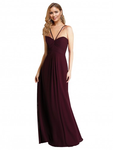 Sleeveless Spaghetti Straps Chiffon Burgundy Gold Long Wedding Party Dress Adelaide