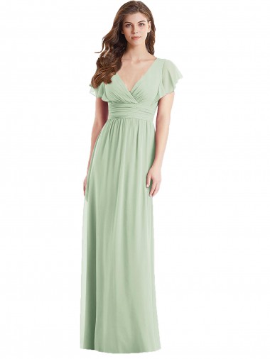 Flutter Sleeves V-Neck Soft Chiffon Sage Long Bridesmaid Dress Adelaide