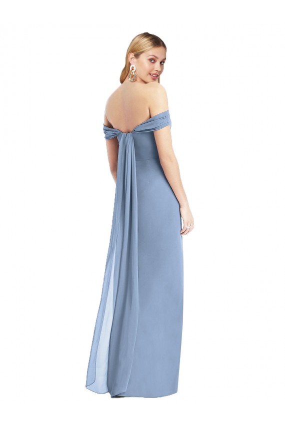 Sleeveless Off the Shoulder Soft Chiffon Dusty Blue Long Semi Formal Evening Dress / Bridesmaid Dress Adelaide