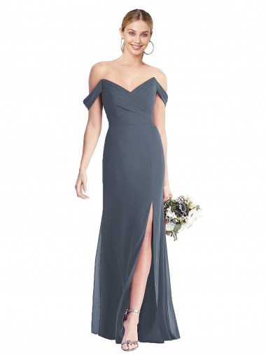 Sleeveless Off the Shoulder Soft Chiffon Silver Stone Long Bridesmaid Dress Adelaide