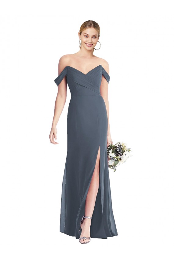 Sleeveless Off the Shoulder Soft Chiffon Silver Stone Long Bridesmaid Dress Adelaide