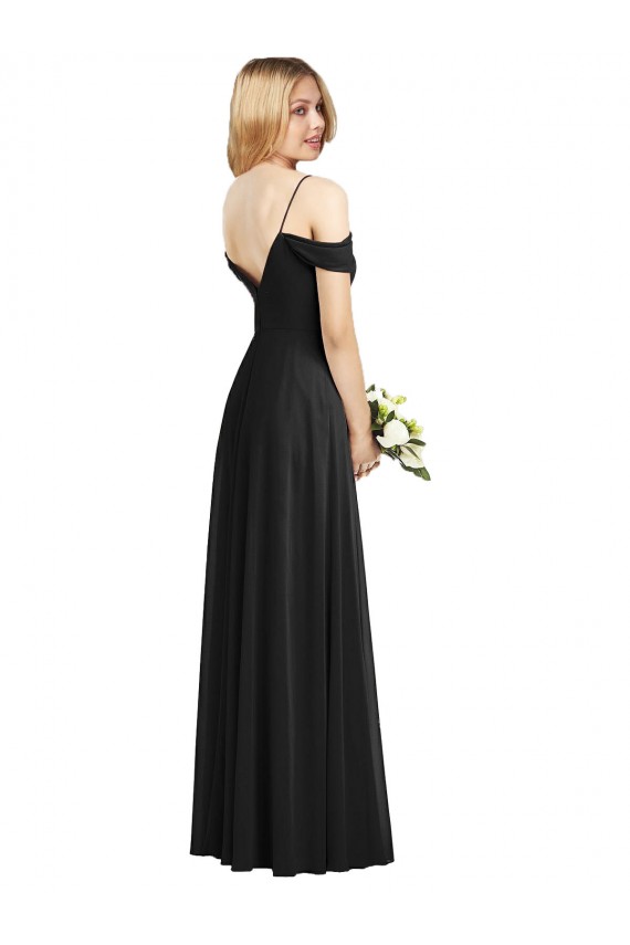 Cold Shoulder Spaghetti Straps Soft Chiffon Black Long Semi Formal Evening Dress / Bridesmaid Dress Adelaide