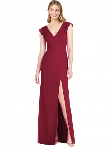 Ruffle Sleeves V-Neck Soft Chiffon Burgundy Long Bridesmaid Dress Adelaide