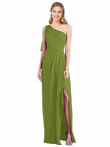 Sleeveless One Shoulder Soft Chiffon Olive Green Long Bridesmaid Dress Adelaide