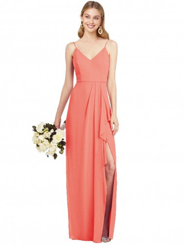 Sleeveless V-Neck Soft Chiffon Coral Long Formal Dress / Bridesmaid Dress Adelaide