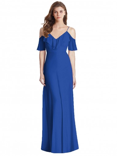 Cold Shoulder V-Neck Soft Chiffon Royal Blue Long Semi Formal Evening Dress / Bridesmaid Dress Adelaide