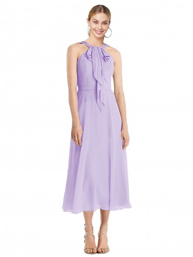 Sleeveless Halter Neck Soft Chiffon Lilac Tea length Prom Dress / Bridesmaid Dress Adelaide