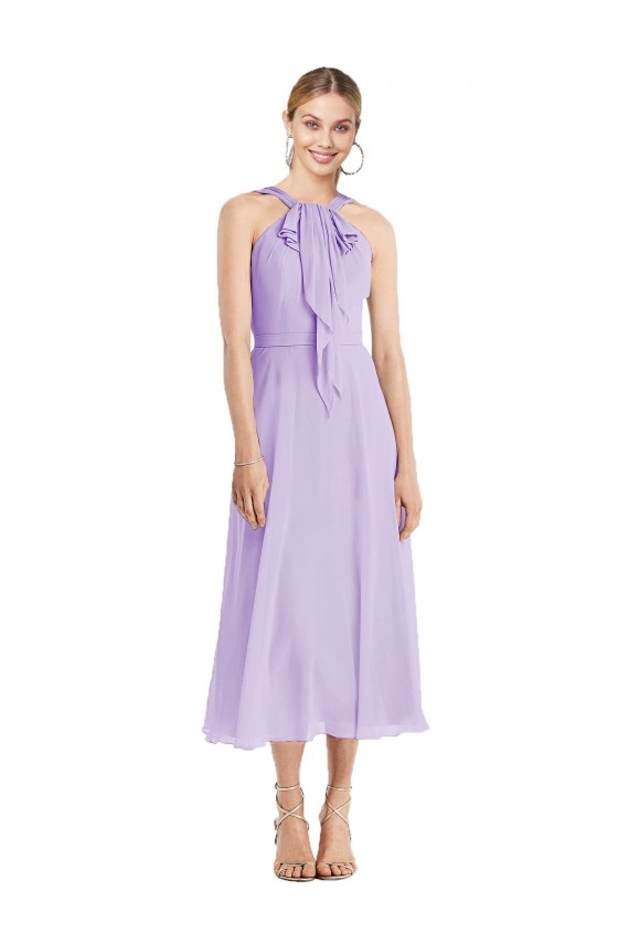 Sleeveless Halter Neck Soft Chiffon Lilac Tea length Prom Dress / Bridesmaid Dress Adelaide