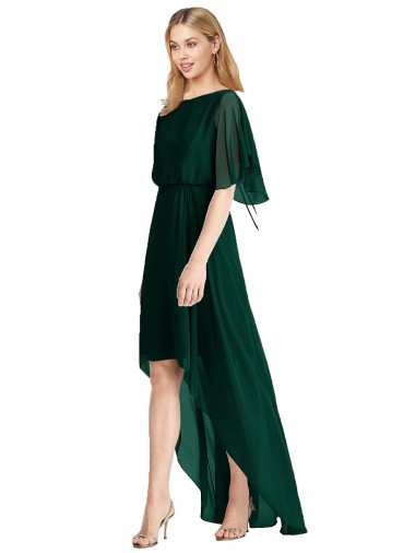 Flutter Sleeves Round Neck Soft Chiffon Ever Green High Low Bridesmaid Dress Adelaide