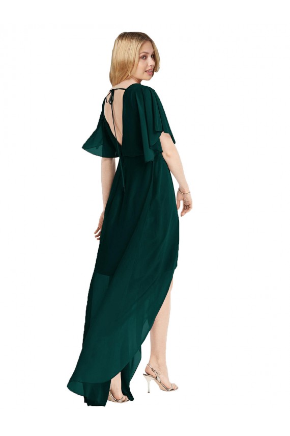 Flutter Sleeves Round Neck Soft Chiffon Ever Green High Low Bridesmaid Dress Adelaide