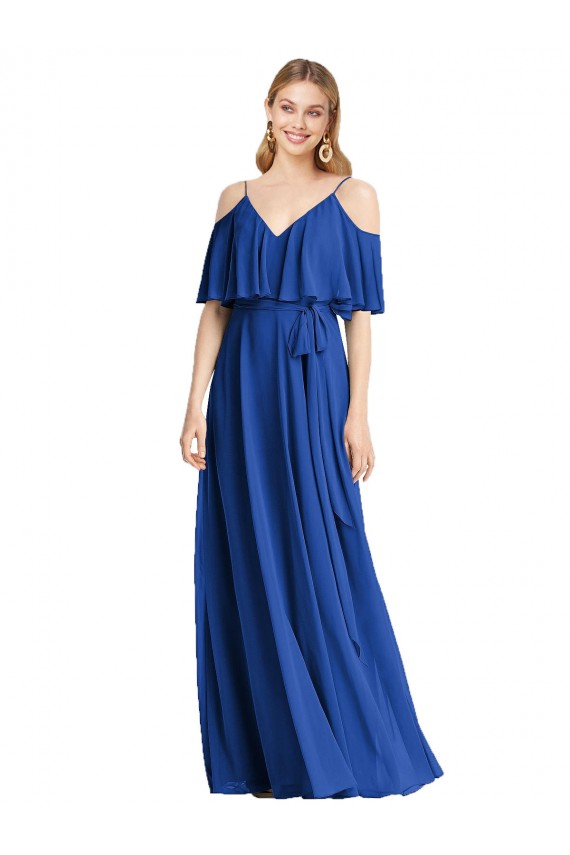 Cold Shoulder V-Neck Chiffon Royal Blue Long Bridesmaid Dress Adelaide