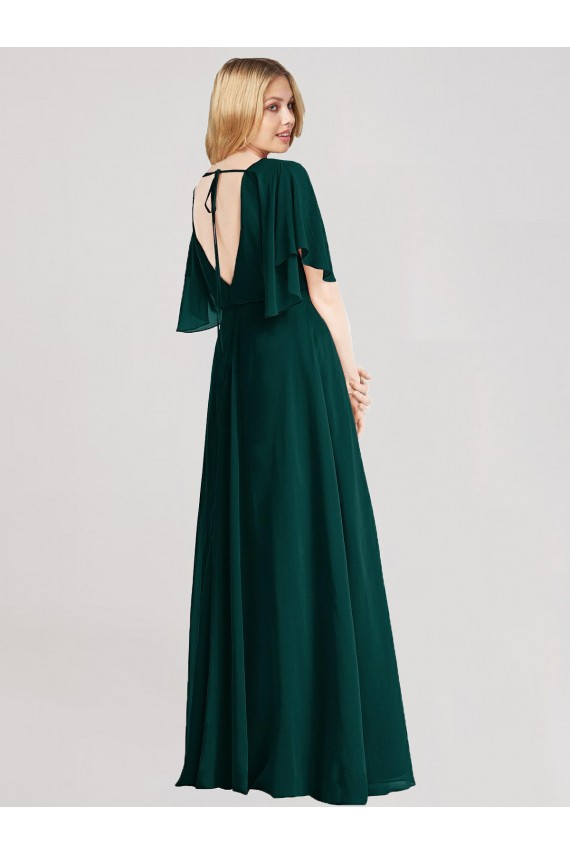 Flutter Sleeves Round Neck Soft Chiffon Ever Green Long Bridesmaid Dress Adelaide