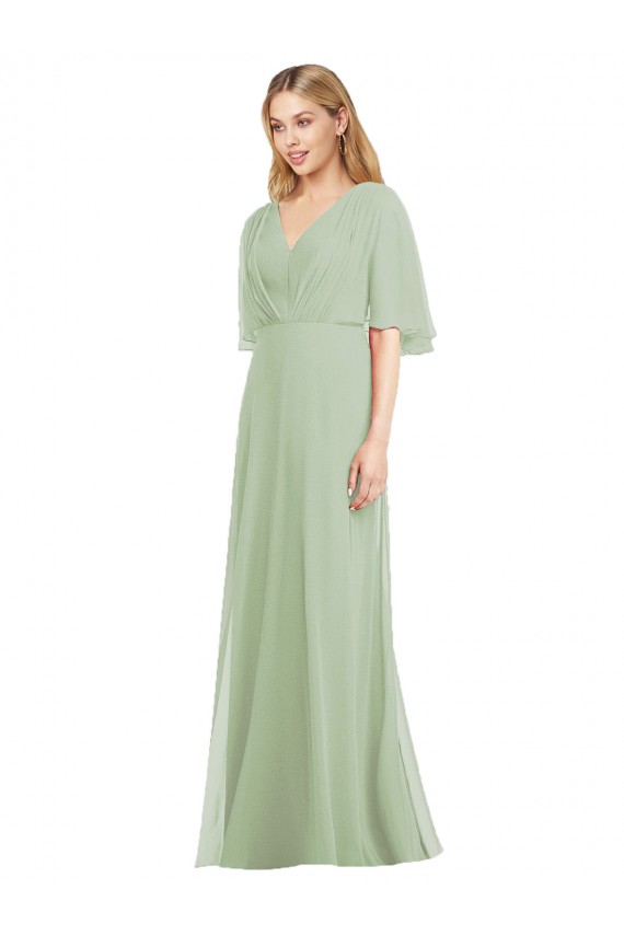Flutter Sleeves V-Neck Soft Chiffon Smoke Green Long Bridesmaid Dress Adelaide