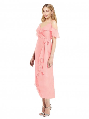 Cold Shoulder V-Neck Soft Chiffon Salmon Cocktail Length High Low Bridesmaid Dress Adelaide