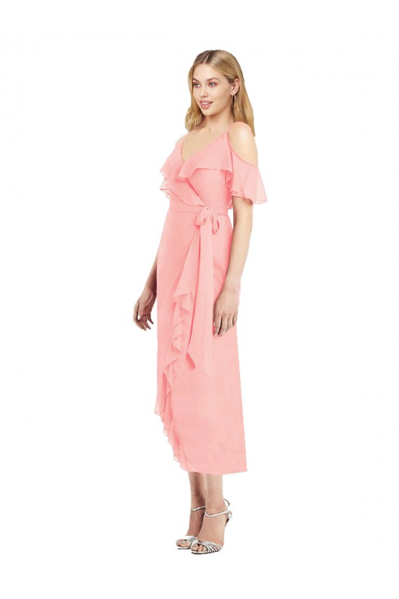 Cold Shoulder V-Neck Soft Chiffon Salmon Cocktail Length High Low Bridesmaid Dress Adelaide
