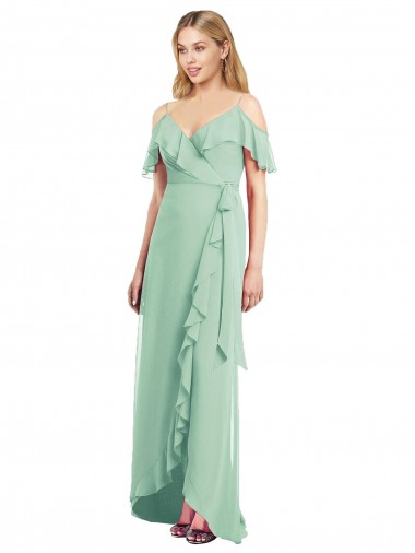 Cold Shoulder V-Neck Soft Chiffon Mint Green Long High Low Bridesmaid Dress Adelaide