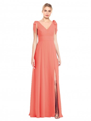 Sleeveless V-Neck Soft Chiffon Coral Trumpet Long Bridesmaid Dress Adelaide