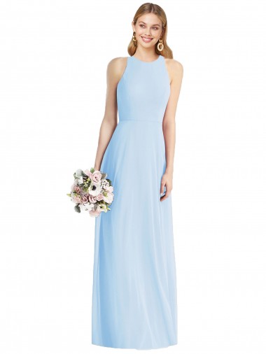 Sleeveless Halter Neck Soft Chiffon Light Sky Blue Long Semi Formal Evening Dress / Bridesmaid Dress Adelaide