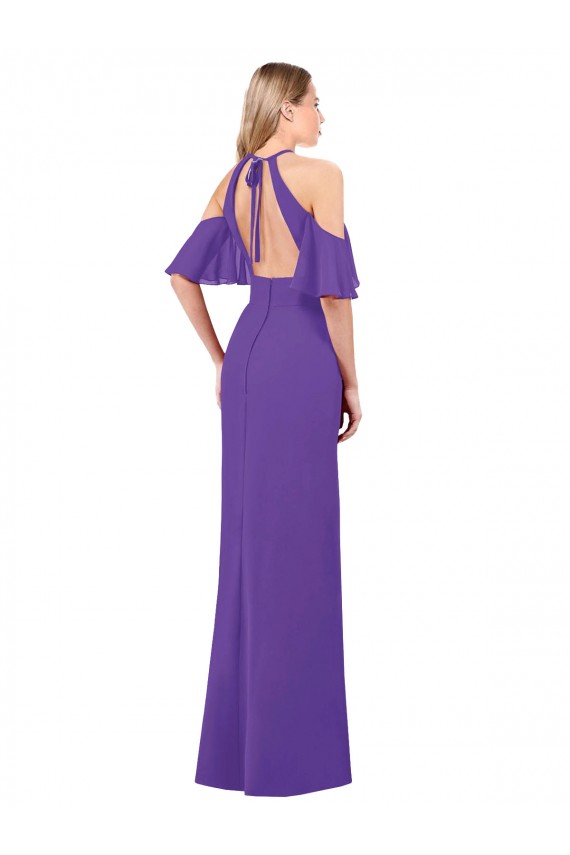 Ruffle Sleeves Halter Neck Soft Chiffon Purple Long Bridesmaid Dress Adelaide