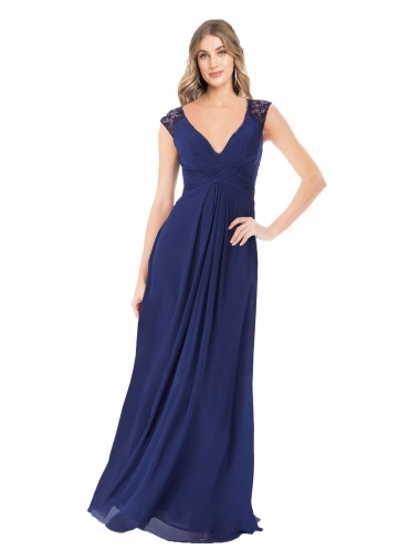 Cap Sleeves V-Neck Soft Chiffon Sapphire Long Bridesmaid Dress Adelaide